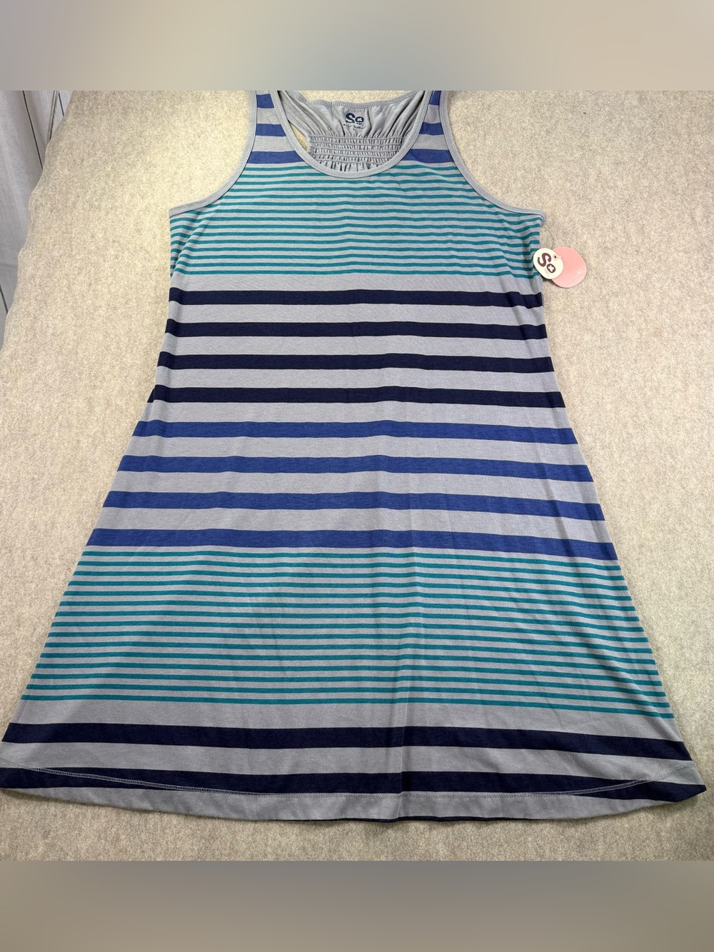 SO Women's XL Light Gray/Teal striped Racerback cotton Sundress/Swim Coverup NWT